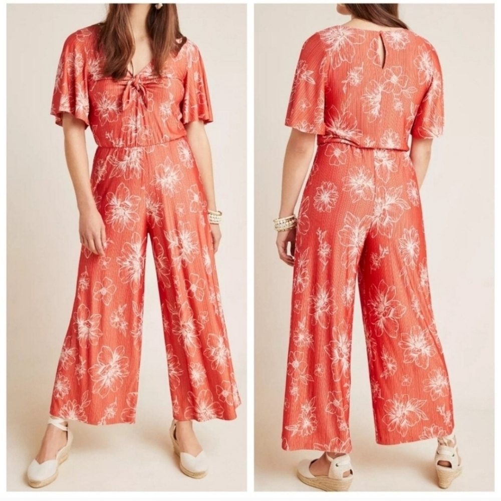 Anthropologie Farm Rio Floral Stretch Jacobella Wide Leg Jumpsuit Red Size M